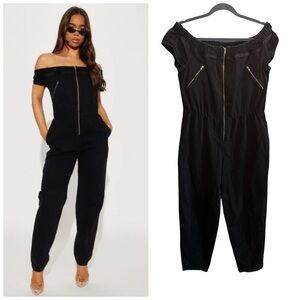 Fashion Nova Maya Denim Jumpsuit Jean Black Size Large NWT Off Shoulder MOTO